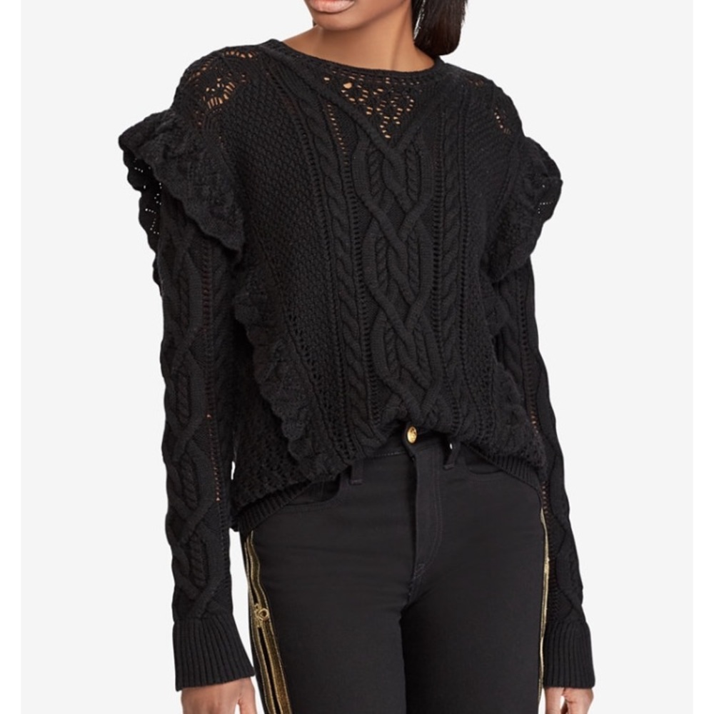 Black Ralph Lauren ruffle trim cable knit sweater